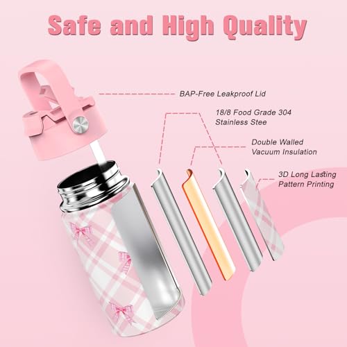 Bevalsa Backpack for Girls, Bow Plaid Bookpack with 14oz Insulated Water Bottle, Lunch Bag & Pen Case, Schoolbag for Kids & BPA-FREE Stainless Steel Metal Cup for Elementary Middle Student (Pink) - color: Pink Plaid