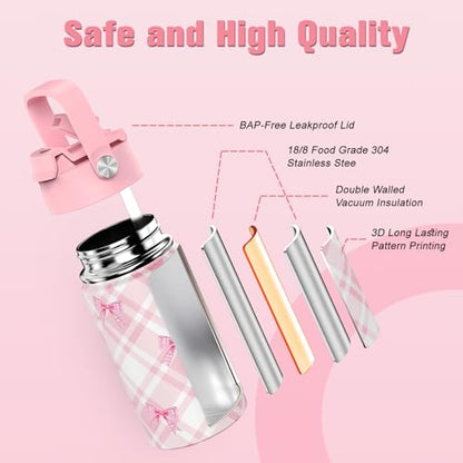 Bevalsa Backpack for Girls, Bow Plaid Bookpack with 14oz Insulated Water Bottle, Lunch Bag & Pen Case, Schoolbag for Kids & BPA-FREE Stainless Steel Metal Cup for Elementary Middle Student (Pink) - color: Pink Plaid