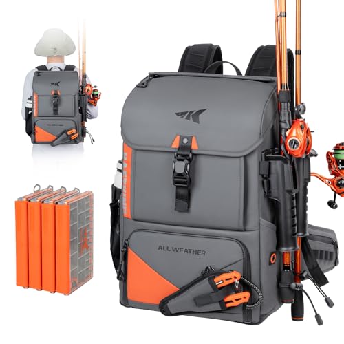 KastKing All Weather Fishing Tackle Backpack with 4 Waterproof Tackle Boxes & Removable Rod Holders,Waterproof ArmorShield Fabric Fishing Bag Storage Fishing Gear - color: A: Grey（With 4 Waterproof Tackle Boxes）