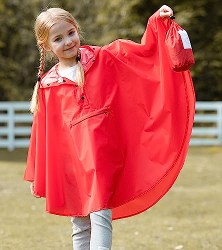 SaphiRose Lightweight Kids Rain Poncho Jacket Waterproof Outwear Rain Coat - color: Red, size: 5-7 Years