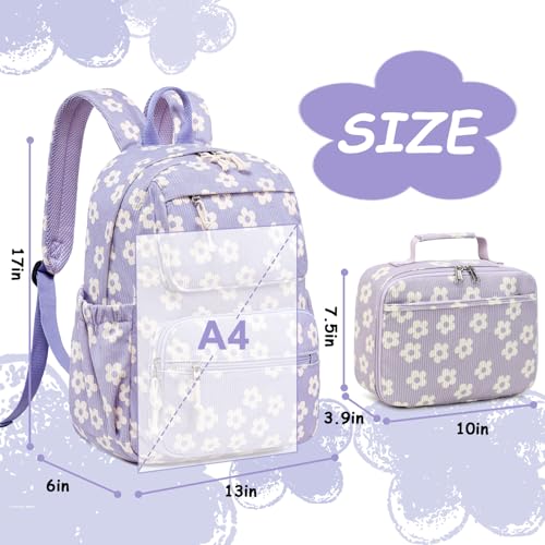 Bluboon Backpack for Girls Kids Preschool Backpack with Lunch Box Kindergarten Bookbag Toddler School Bags Set - color: Beige Flower Purple