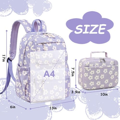 Bluboon Backpack for Girls Kids Preschool Backpack with Lunch Box Kindergarten Bookbag Toddler School Bags Set - color: Beige Flower Purple