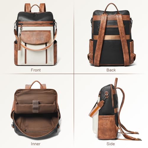 Shrrie Laptop Backpack for Women 15.6 inch,Travel Leather Backpack Purse Nurse Teacher Carry on Backpack Computer Bag,Professional Water-Resistant College Business Work Casual Daypack,Two-tone Maroon - color: Black With Brown and White