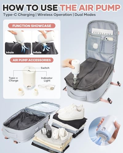 Vacuum Seal Travel Backpack with Air Pump,Compression Vacpack Waterproof Carry On Backpack for Travel Women Men with Vacuum System,Airlines Approved Daypack Laptop Space Saver Bags,Grey - color: Grey(with Air Pump)