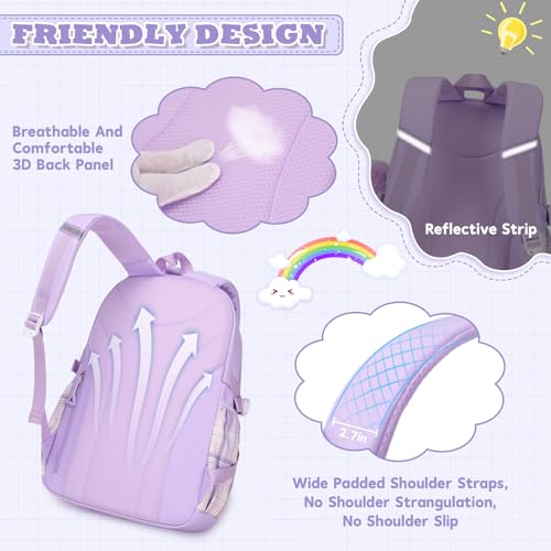 MUSEVOS Girls Backpack, Ideal School Backpack for Girls from Elementary to Teen Years, Kawaii Bookbag Cute Large Capacity - color: Purple