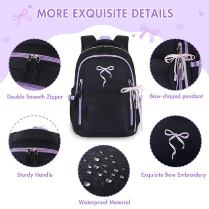 Kids Backpack for Girls - 3PCS Cute Embroidered Bow Girls Backpack with Insulated Lunch Bag & Pencil Case - Bookbag for Teen Women Middle High School College Work Travel Daypack - color: Black Purple