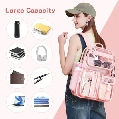 Pink See Through Backpack For Women, Clear Backpack Heavy Duty,Clear BookBag,16 x11 x5inch TPU Large Capacity for School,stadium events, Sport Events,Travel,mochila transparente para mujer (Pink) - color: Pink