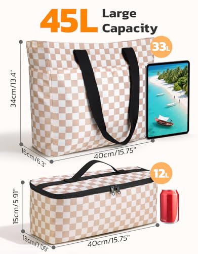 ISEYOU Beach Bag and Cooler Bag Set, 45L Waterproof XXL Foldable Tote with Zipper, 8 Pockets for Pool, Picnic, Travel - color: Brown