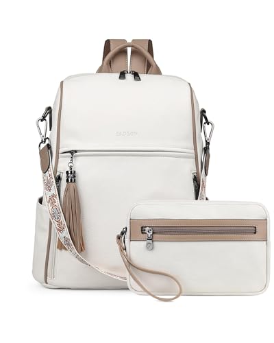 FADEON Faux Leather Backpack Purse, Daypack for Women, Fits 13" Laptop - color: White Contrast Camel Retro Style