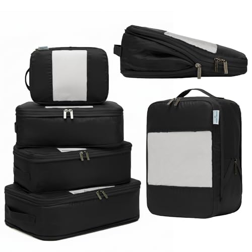 6-Pack Large Compression Packing Cubes for Travel - Lightweight Compression Packing Cube Set, Water-Resistant Luggage Organizer Bags & Suitcase Organizers, Travel Cubes for Carry-On, Checked Luggage - color: Black, size: 6 Pack