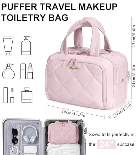 Travel Toiletry Bag, Large Wide-open Puffy Makeup Bag for Women Light Pink - color: Light Pink
