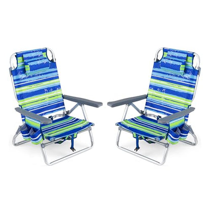 COSTWAY Portable Folding Backpack Beach Chairs Set of 2 with 5-Position Backrest, Padded Headrest, Cup Holder & Ice Bag for Lawn, Poolside (Blue Stripe) - color: Blue Stripe