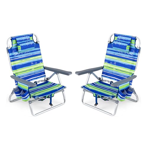 COSTWAY Portable Folding Backpack Beach Chairs Set of 2 with 5-Position Backrest, Padded Headrest, Cup Holder & Ice Bag for Lawn, Poolside (Blue Stripe) - color: Blue Stripe
