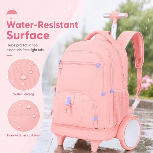 CCJPX 3Pcs Women & Girls Rolling Backpack with Bigger Wheels, Extra-Large Wheeled Bookbag with Lunch Box, Water Resistant Extra-Large Roller Luggage for Travel, Work, College (Pink) - color: Pink(upgrade Large Wheel)
