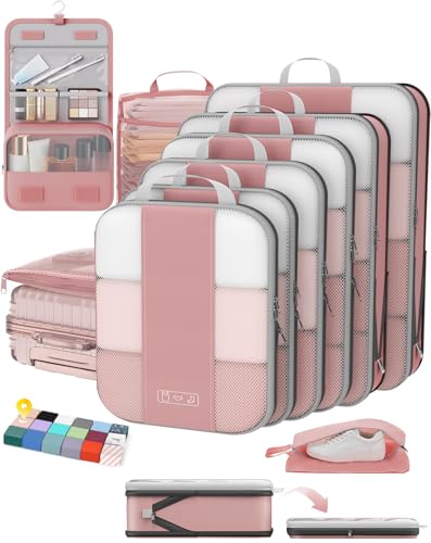 OlarHike 10-Pack Compression Packing Cubes for Travel Essentials,Compressible Expandable Packing Cubes for Suitcase,Luggage Garment Bags for Travel,Handy Helper for Organizing Clothes(Light Coral) - color: Light Coral