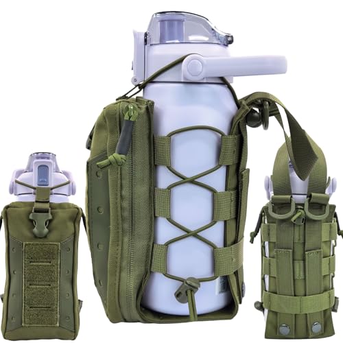 Molle Water Bottle Holder Pouch, 16-77 oz Adjustable Capacity Tactical Bottle Bag, Compatible with Backpack, Vest, Belt for Outdoor Activities - color: Green, style: Enhanced