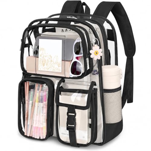 Attmu Clear Backpack for School, Heavy Duty PVC Transparent Bookbag with Reinforced Straps Stitches, Clear Bag for Stadium Events Girls Boys, Large Capacity Backpack for Security College Work - Black - color: Black, size: 17*12*5