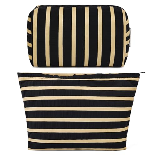 SOIDRAM 2 Pieces Makeup Bag Large Stripe Cosmetic Bag Capacity Canvas Mix Travel Toiletry Bag Organizer Cute Makeup Brushes Aesthetic Accessories Storage Bag for Women, Stripe Mix Black - color: Black Stripe