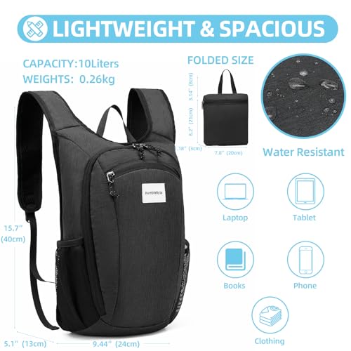 10L Foldable Lightweight Backpack – Packable Travel Daypack for Hiking, Cycling & Everyday Use – Water-Resistant Travel Bag with Multi-Pocket Design for Women & Men(Black) - color: Black