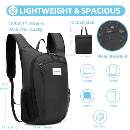 10L Foldable Lightweight Backpack – Packable Travel Daypack for Hiking, Cycling & Everyday Use – Water-Resistant Travel Bag with Multi-Pocket Design for Women & Men(Black) - color: Black