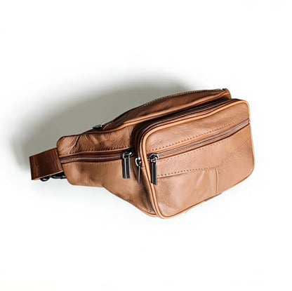 large 6 Pockets Leather Fanny Pack Travel Waist packs Waist Pack Suitable for Outdoor Mountaineering Travel Camping Cycling Running etc Fanny packs (Light brown) - color: Light brown 2025 model