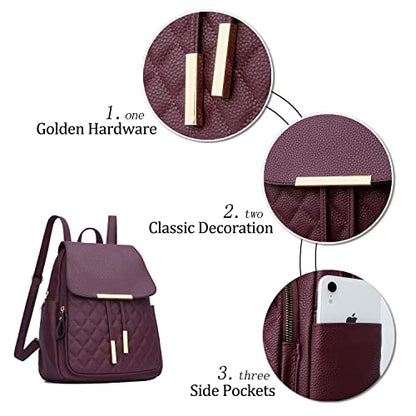 KKXIU Quilted Trendy Leather Backpack Purse for Women and Ladies Shoulder Travel Daypacks Bags (Wine) - color: Wine, style: Backpack