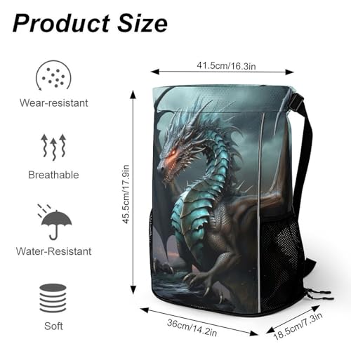 Drawstring Gym Backpack with Shoe Compartment And Wet Pocket, 28L Lightweight Waterproof Cool Dragon Sports Backpack for Workout Swim Beach Travel String Bag for Men Women