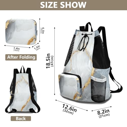 Drawstring Backpack For Women Men Sport Gym Sackpack With Water Bottle Holder String Bookbag Wet and Dry Separation Marble White Grey - color: Color 8