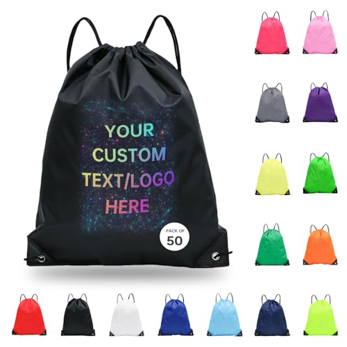 JEOHLORY pack of 50 Custom Bags With Your Logo,Drawstring Backpacks Bulk String Bag,Great for Travelling, Gym and for Everyday Use (Custom black) - color: Custom Black