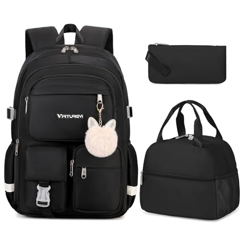 3PCS School Backpack For Student Women College Middle High Teen Girls Bookbag Waterproof Laptop Bag Black - color: Black