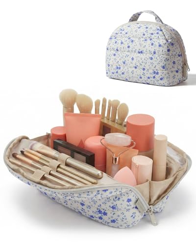 BAGSMART Travel Makeup Bag for Women, Portable Fold-down Cosmetic Case, Puffy Padded Make Up Organizer Pouch, Water-resistant Toiletry Bag for Toiletries, Brushes (Blue Ditsy Floral Print) - color: Blue Ditsy Floral Print