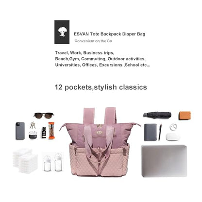 ESVAN Diaper Tote Bag Totepack Backpack 2 in 1 for Women Multifunctional Large Capacity with Insulated Pockets Travel | Multifunctional - color: Pink Purple