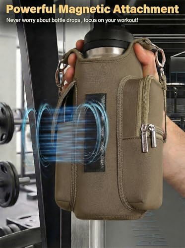 Magnetic Gym Tote,18-40oz Water Bottle Bag Holder,Neoprene Case Pouch with Phone Pocket,Men Women Workout Accessories - color: Khaki Brown