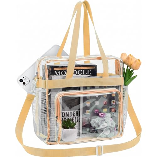 Clear Tote Bag for Stadium Events 12x6x12 inches, Triple-Pocket with Reinforced Strap, for Concert, Sport, Festival - color: Orange