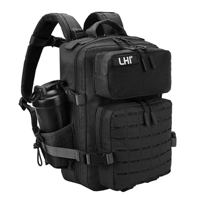 LHI Tactical Military Backpack for Men 25L/45L Large Molle Army Assault Pack 3 Day Hiking Rucksack With Bottle Holder - color: Black With Bottle Holder, size: 25L