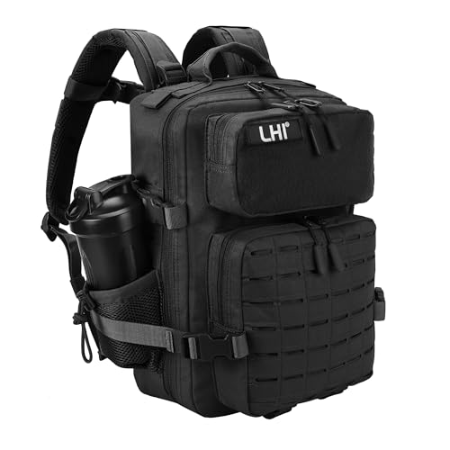 LHI Tactical Military Backpack for Men 25L/45L Large Molle Army Assault Pack 3 Day Hiking Rucksack With Bottle Holder - color: Black With Bottle Holder, size: 25L