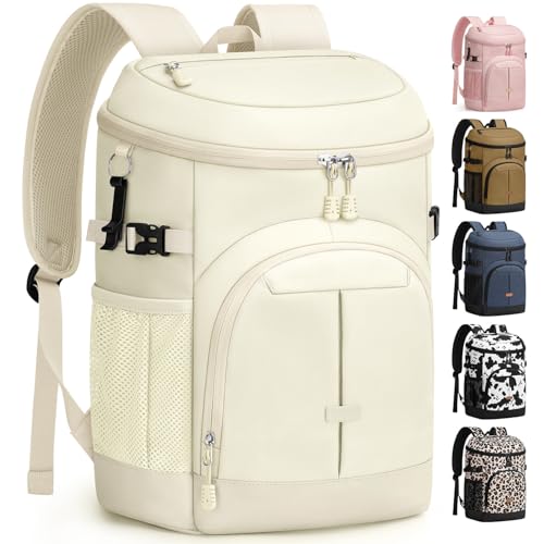 Pritent Cooler Backpack for Men Women Insulated Waterproof Backpack Cooler Leak Proof Cooler Bag Lightweight Lunch Backpack for Camping Beach Travel Picnic - color: Beige, size: 30 Cans