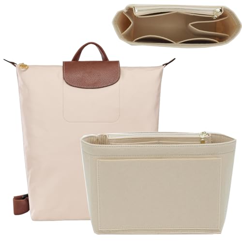 Felt Backpack Organizer Insert Compatible with Longchamp Le -Pliage Xtra/Green/Original M Backpack and More, 10 Compartments with Cup Holder & Zipper Pocket (Beige/MB) - color: Beige, size: M Backpack