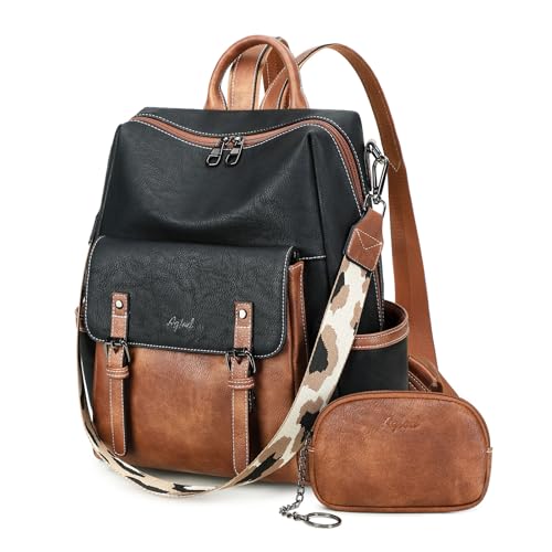 AGLOD Backpack Purse for Women PU Leather Back Packs Designer Ladies Shoulder Bag Fashion Faux Work Travel Handbags - color: Black-brown