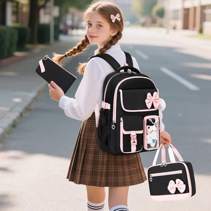 GeeWin Girls Backpack for School with Lunch Box & Pencil Case Set, 17 Inch Waterproof Cute Bow Girls Bookbag for Kids, Teens, Elementary Middle High College School Student (Black/Pink) - color: Black Pink