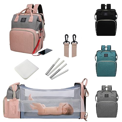 ANWTOTU Baby Diaper Bags with Changing Station,Waterproof Diaper Bag Backpack for Moms Dads with USB Charging Port,Large Capacity Multifunctional Baby Essentials(Pink-Grey) - color: Pink-grey