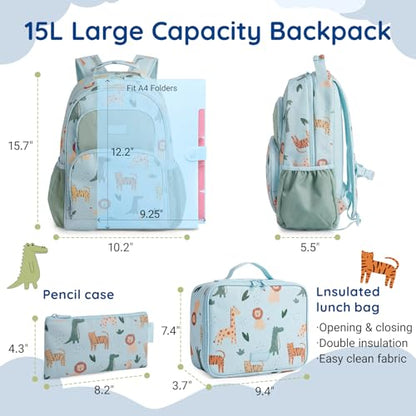 mommore Kids Backpack for Boys Girls 4-8 Kindergarten Elementary School Backpack with Lunch Box - 15” H Fit Folder - color: Animals Print, style: 3 Pcs