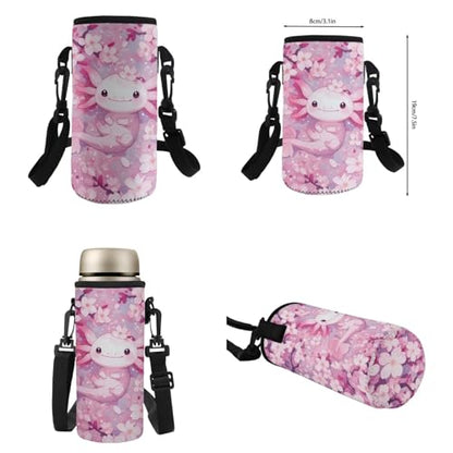 Flashideas Cherry Blossom Axolotl Backpack for Girls Kids Backpack with Lunch Box 32 oz Water Bottle and Water Bottle Holder 4Pcs Set 17" Large Capacity Elementary Bookbag with Compartments for School - color: Cherry Blossom Axolotl-7