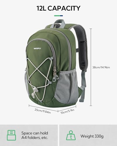 WATERFLY 12L Small Hiking Backpack: Day Pack Lightweight Travel Bag Camping Fitness Cycling Outdoor Sports Daypack For Women Men - color: Olive Green