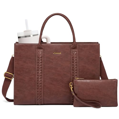 LOVEVOOK Vintage Leather Handbag for Women, Professional 17 inch Laptop Bag, Waterproof Computer Briefcase - color: Chestnut-brown, size: 17 Inch