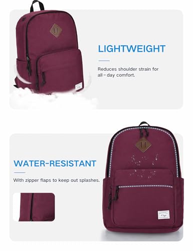 Kasqo School Backpack, Classic Lightweight Water-Resistant Daypack 17.8L Bookbag for Women Teens Girls Kids College,Travel, Work, Wine Red - color: Red