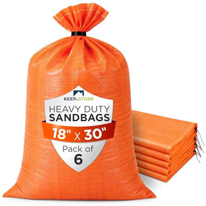 Heavy Duty Sand Bags Pack of 6, Bright Orange Empty Sandbags with Built-In Ties, Woven Polypropylene UV Protection 1600 Hours, Fillable Bags for Flood Control, Weight, 18x30 inches, 75 Pounds Volume - size: 18"W x 30"L, style: Pack of 6