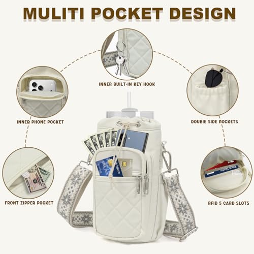 Water Bottle Holder with Strap, 32oz 40oz Insulated Water Bottle Carrier Bag, Purse Crossbody Sling Bag with Phone Pocket for Walking Hiking - color: white