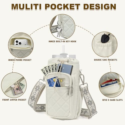 Water Bottle Holder with Strap, 32oz 40oz Insulated Water Bottle Carrier Bag, Purse Crossbody Sling Bag with Phone Pocket for Walking Hiking - color: white