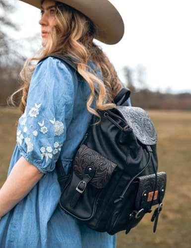 Montana West Wrangler Backpack Purse for Women Men Western Backpack Floral Tooled Travel Bags - color: Carve Black